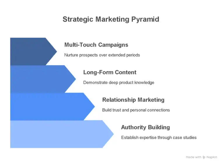 Strategic marketing pyramid diagram: Multi-touch campaigns, content, relationship marketing, authority building.